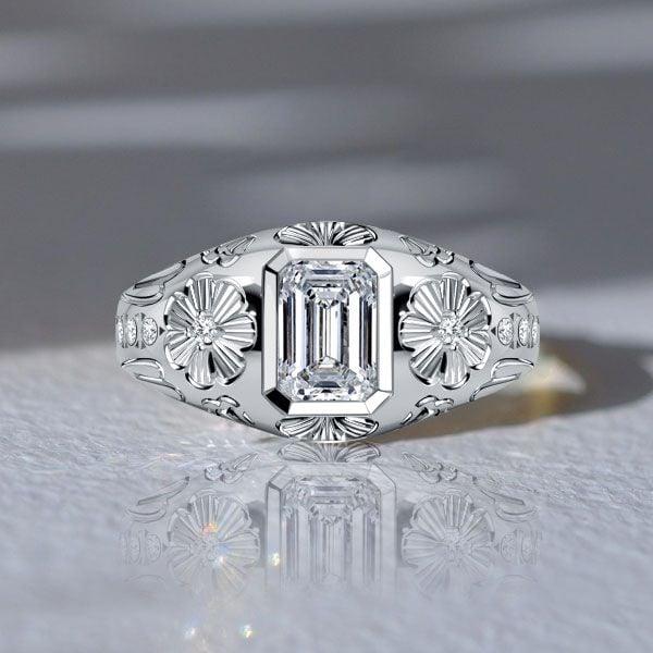 Emerald Cut White Sapphire Engagement Ring | Vintage Style Sterling Silver Cocktail Ring