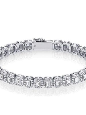 Emerald Cut Halo Tennis Bracelet in 925 Sterling Silver | Multiple Lengths Available