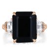 Black Three Stone Emerald Cut Ring in Rhodium Plated 925 Sterling Silver