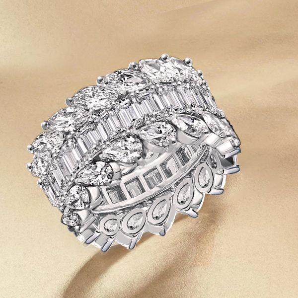 Emerald & Pear & Marquise Cut Wedding Band - Sterling Silver Triple Row Ring