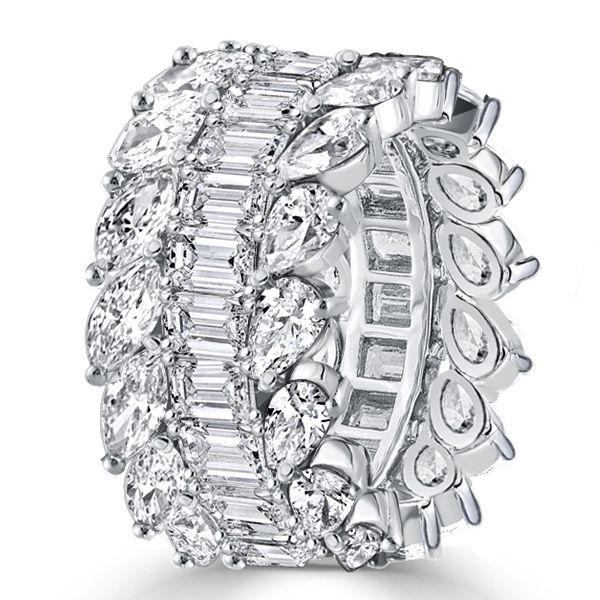 Emerald & Pear & Marquise Cut Wedding Band - Sterling Silver Triple Row Ring