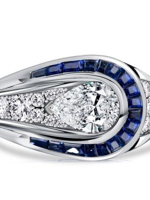 Art Deco Blue Sapphire Pear Shaped Engagement Ring in Rhodium Plated Sterling Silver