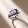 Art Deco Blue Sapphire Pear Shaped Engagement Ring in Rhodium Plated Sterling Silver