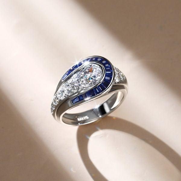 Art Deco Blue Sapphire Pear Shaped Engagement Ring in Rhodium Plated Sterling Silver