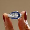 Art Deco Blue Sapphire Pear Shaped Engagement Ring in Rhodium Plated Sterling Silver