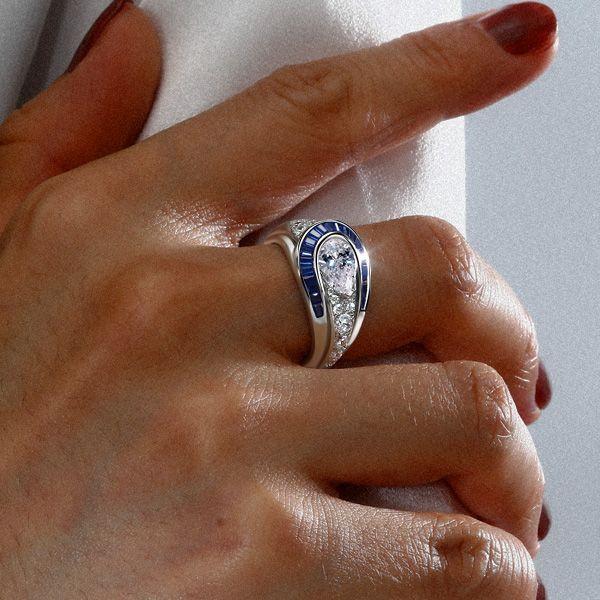 Art Deco Blue Sapphire Pear Shaped Engagement Ring in Rhodium Plated Sterling Silver
