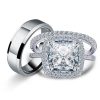 Halo Cushion White Sapphire Wedding Ring Set - Sterling Silver & Titanium