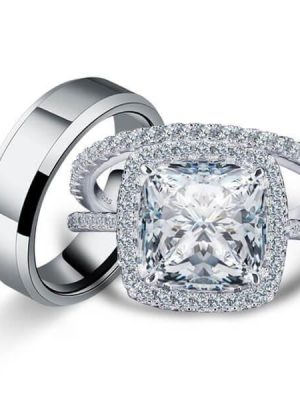Halo Cushion White Sapphire Wedding Ring Set - Sterling Silver & Titanium