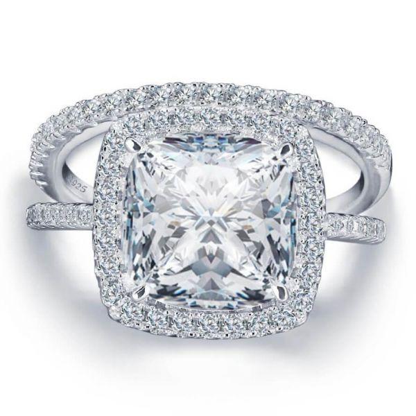 Halo Cushion White Sapphire Wedding Ring Set - Sterling Silver & Titanium