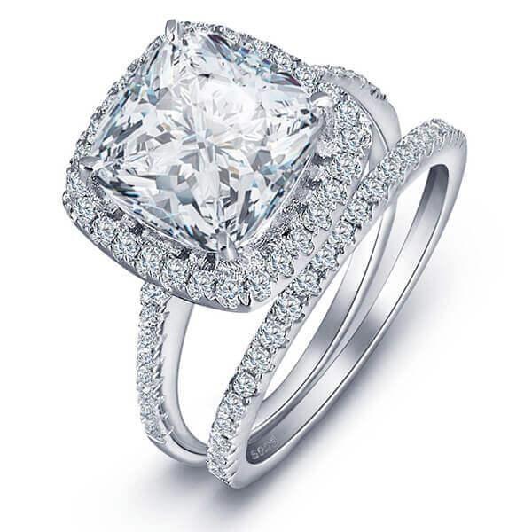 Halo Cushion White Sapphire Wedding Ring Set - Sterling Silver & Titanium