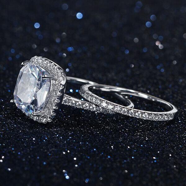Halo Cushion White Sapphire Wedding Ring Set - Sterling Silver & Titanium