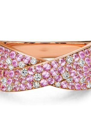 Paved Pink Stone Crossover Ring | 0.99 CT. TW. Criss-Cross Wedding Band in 18K Rose Gold Plated Sterling Silver