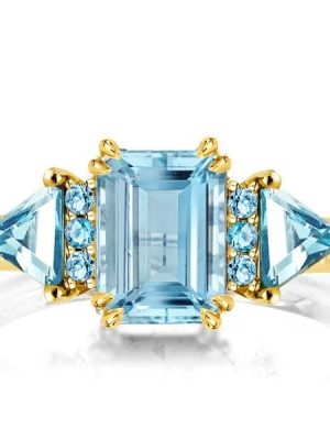 Three Stone Emerald Cut Aquamarine Engagement Ring in 18K Gold Plated Sterling Silver