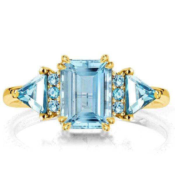 Three Stone Emerald Cut Aquamarine Engagement Ring in 18K Gold Plated Sterling Silver