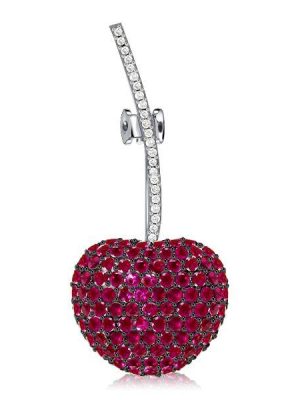 Ruby & Sapphire Cherry Brooch - 925 Sterling Silver - Round Cut Gemstones