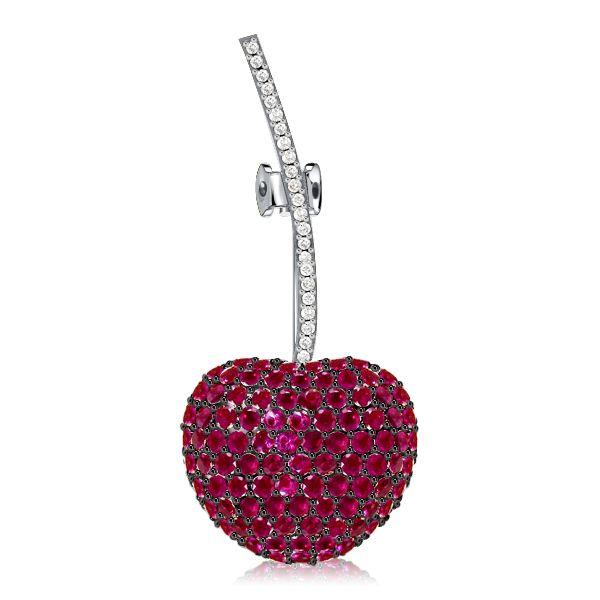 Ruby & Sapphire Cherry Brooch - 925 Sterling Silver - Round Cut Gemstones