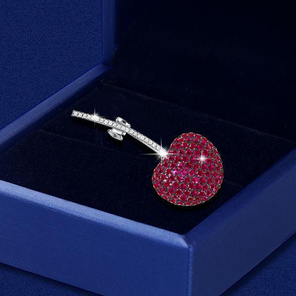 Ruby & Sapphire Cherry Brooch - 925 Sterling Silver - Round Cut Gemstones