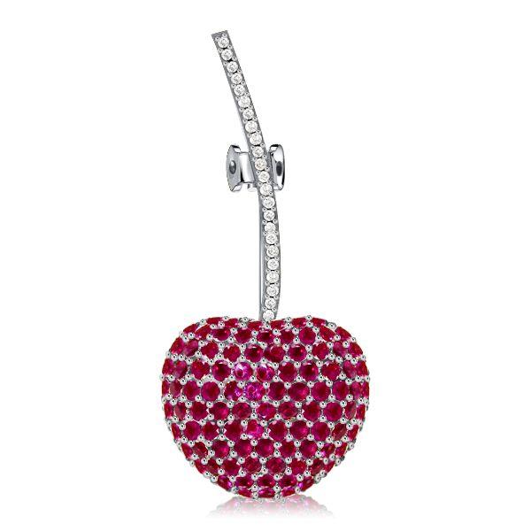 Ruby & Sapphire Cherry Brooch - 925 Sterling Silver - Round Cut Gemstones