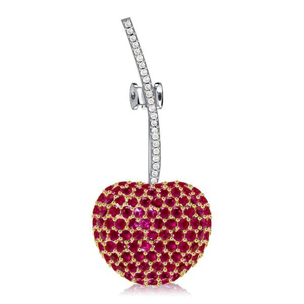 Ruby & Sapphire Cherry Brooch - 925 Sterling Silver - Round Cut Gemstones