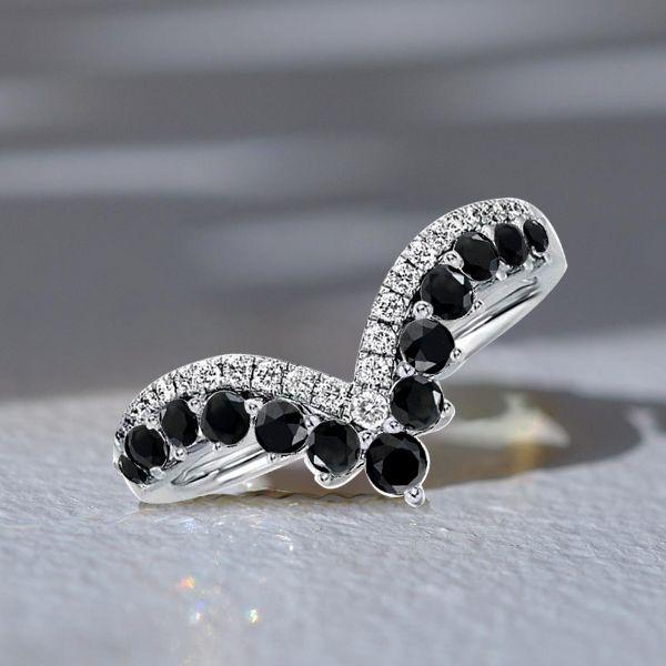 Black Chevron Wedding Band for Women - Sterling Silver Matching Ring