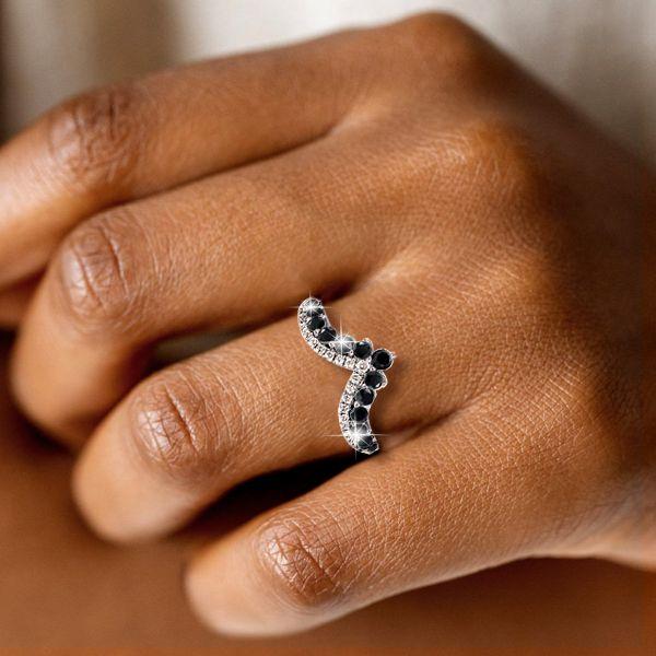 Black Chevron Wedding Band for Women - Sterling Silver Matching Ring