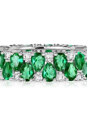 Emerald & Sapphire Pear Eternity Band - Sterling Silver Wedding Ring
