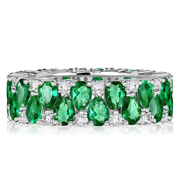 Emerald & Sapphire Pear Eternity Band - Sterling Silver Wedding Ring
