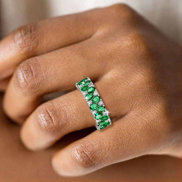 Emerald & Sapphire Pear Eternity Band - Sterling Silver Wedding Ring