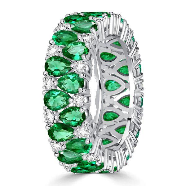 Emerald & Sapphire Pear Eternity Band - Sterling Silver Wedding Ring