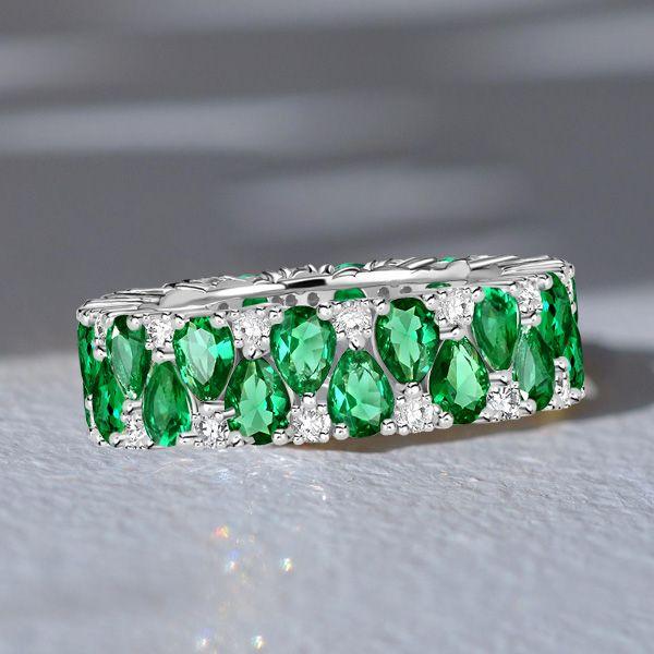 Emerald & Sapphire Pear Eternity Band - Sterling Silver Wedding Ring