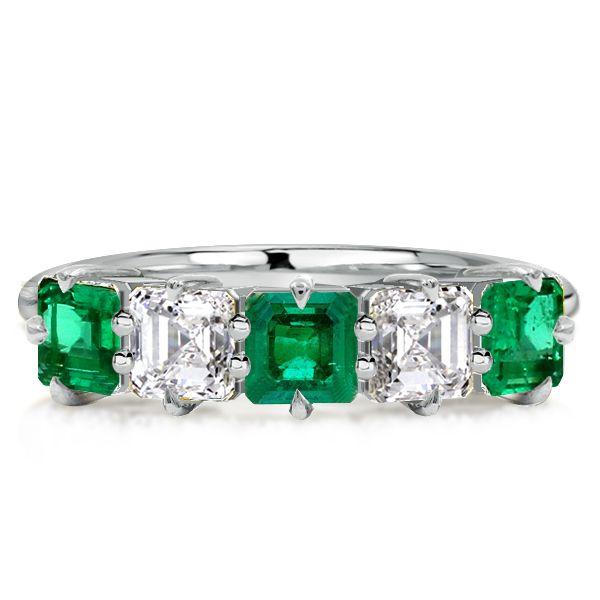 Asscher Cut Green Emerald Wedding Band - 925 Sterling Silver Ring