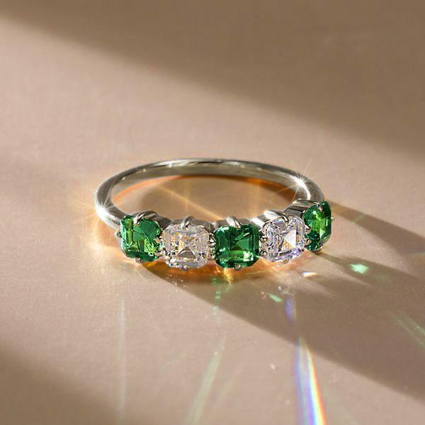 Asscher Cut Green Emerald Wedding Band - 925 Sterling Silver Ring