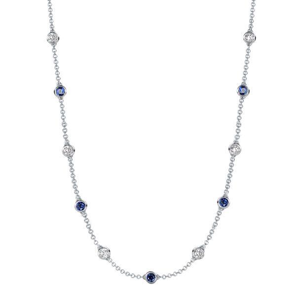 1.62 CT. TW Blue and White Sapphire Bezel Set Tennis Necklace in Sterling Silver
