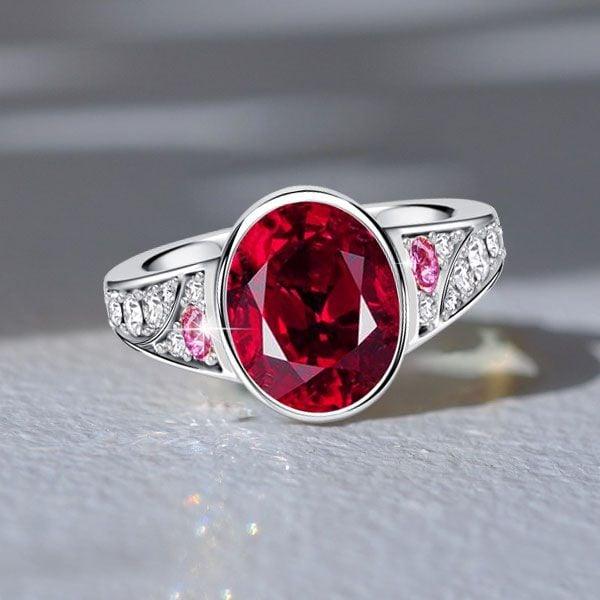 Oval Cut Ruby Bezel Setting Engagement Ring for Women in 925 Sterling Silver
