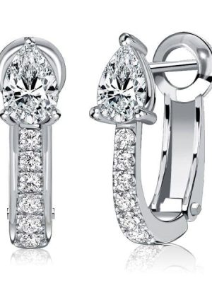Sterling Silver Pear Shaped White Sapphire Hoop Earrings with Rhodium Finish