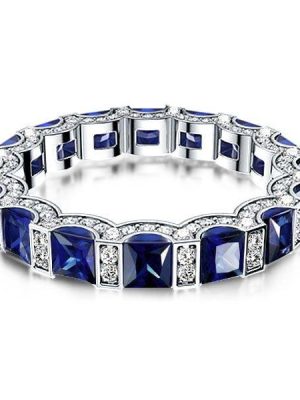 Blue Round and Princess Cut Stone Wedding Band for Women in 925 Sterling Silver