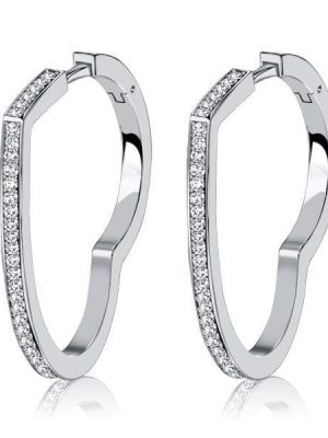 Rhodium-Plated Sterling Silver Heart White Sapphire Hoop Earrings