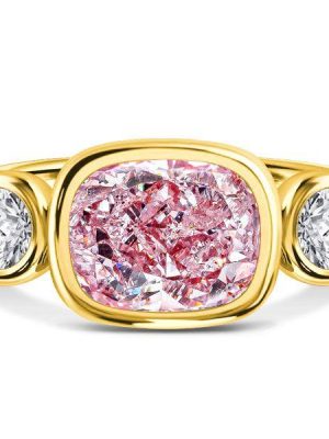 Pink Cushion Cut 3-Stone Engagement Ring - 18K Gold Plated Sterling Silver