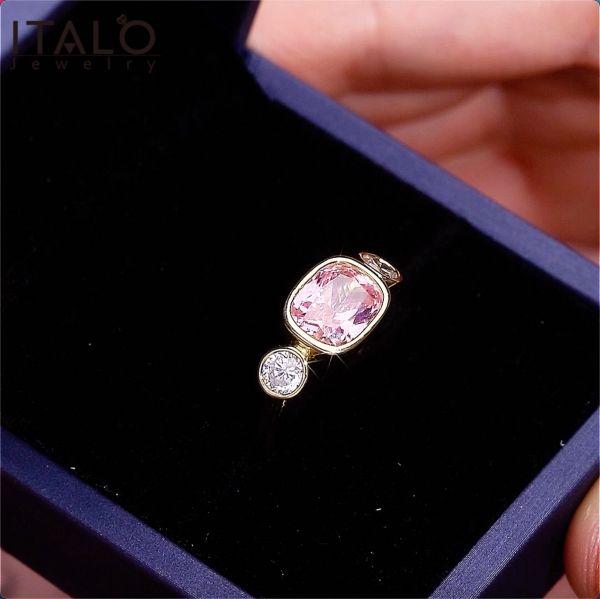Pink Cushion Cut 3-Stone Engagement Ring - 18K Gold Plated Sterling Silver