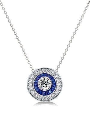 Vintage Style Blue Sapphire Halo Pendant Necklace in Sterling Silver
