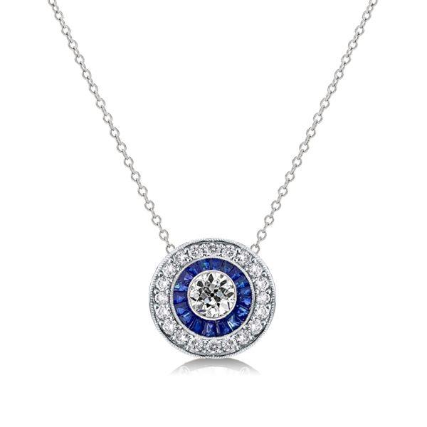 Vintage Style Blue Sapphire Halo Pendant Necklace in Sterling Silver