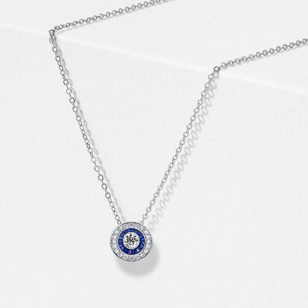 Vintage Style Blue Sapphire Halo Pendant Necklace in Sterling Silver