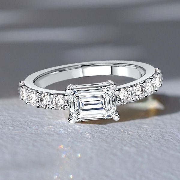 Emerald Cut East-West Sterling Silver Wedding Ring for Women