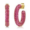 18K Gold Plated Sterling Silver Ruby Pave Hoop Earrings for Women