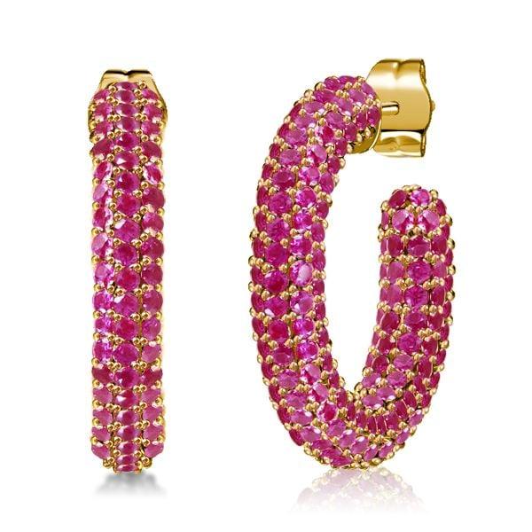 18K Gold Plated Sterling Silver Ruby Pave Hoop Earrings for Women