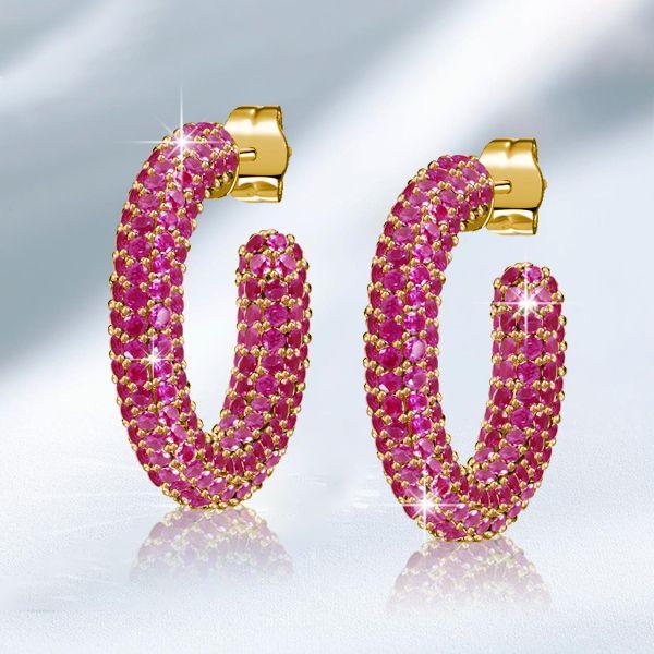 18K Gold Plated Sterling Silver Ruby Pave Hoop Earrings for Women