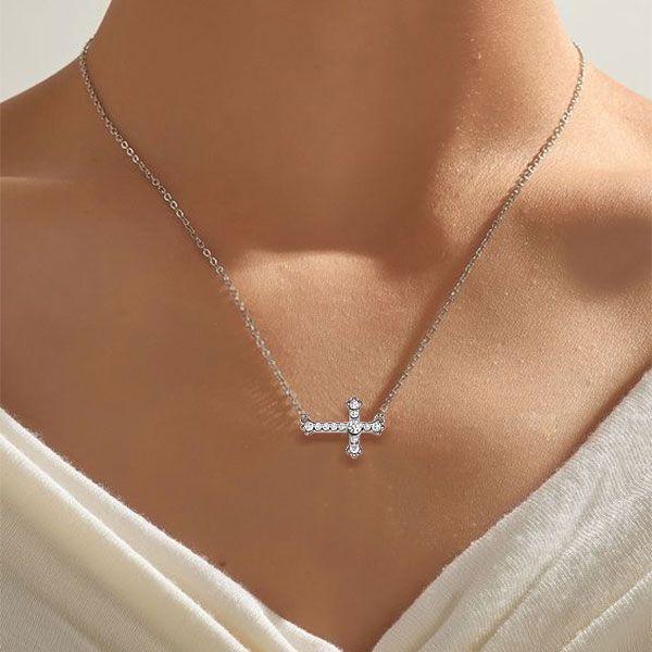 Sideways Cross Necklace for Women - White Sapphire & Sterling Silver
