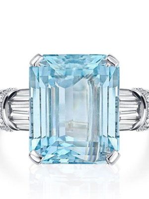Aquamarine Engagement Ring - Emerald Cut Sterling Silver