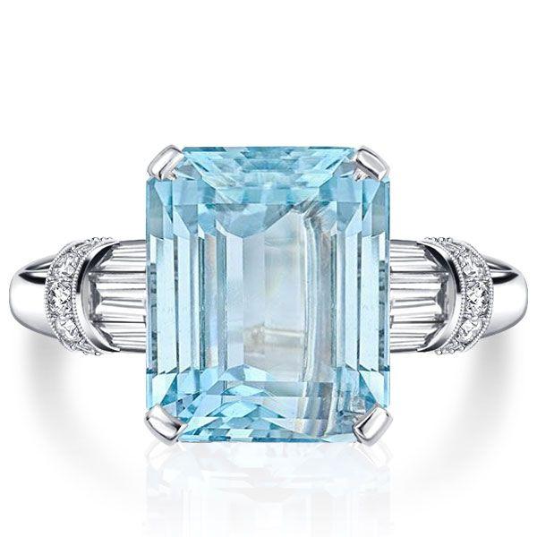 Aquamarine Engagement Ring - Emerald Cut Sterling Silver