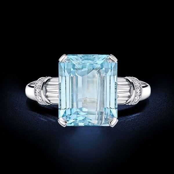 Aquamarine Engagement Ring - Emerald Cut Sterling Silver